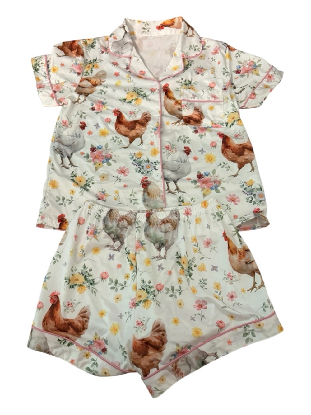 Chicken Print Pajama Set Cottagecore Floral Hen PJ Shorts Set S - Picture 2 of 5